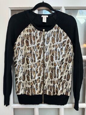 Vintage Cache Y2K Chic Sequin Leopard Front Zip Cardigan Sweater Size Small S